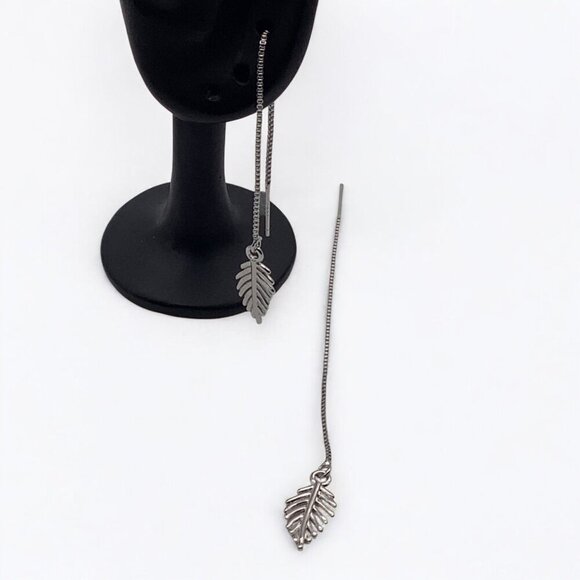 Feather Threader Earrings Long Chain Drop Dangle 925 Silver Leaf Elegant - Picture 2 of 7